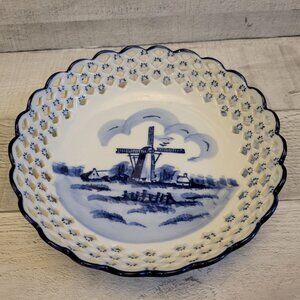 Delft Blue Handpainted Holland Ceramic Bowl With Windmill Design & Scalloped Edg